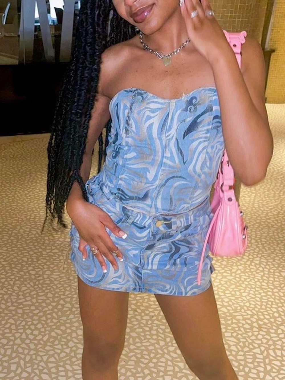 Denim two-piece printed